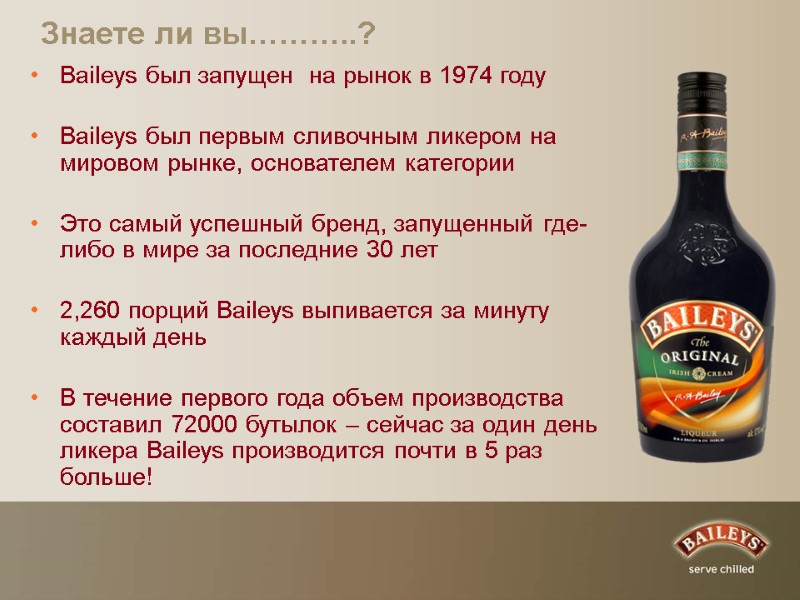 Знаете ли вы………..? Baileys был запущен  на рынок в 1974 году  Baileys